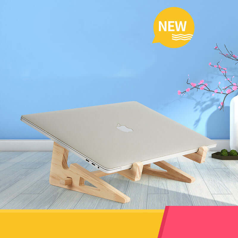 Future Tech Wooden laptop stand displaying a MacBook, perfect for home or office use, highlighting its modern design.