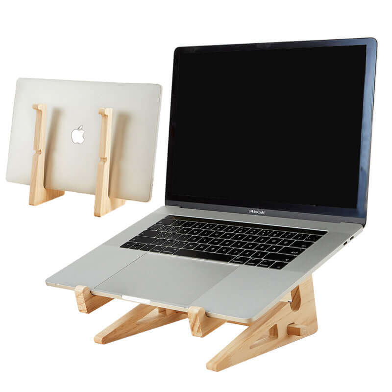 Future Tech Wooden laptop stand showcasing a laptop and tablet in a stylish wooden design, perfect for any workspace.