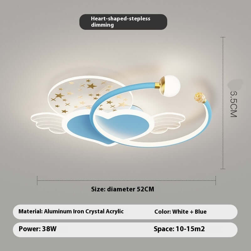 Future Tech Moon Cloud Children's Bedroom Ceiling Lamp in heart shape, blue and white, featuring stars and dimmable light.