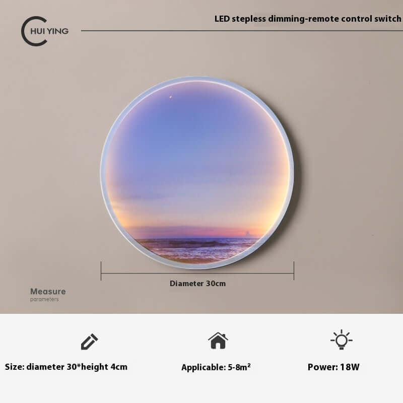Future Tech Moon Background Wall Lamp with ocean view design, LED dimming feature and remote control, 30cm diameter.