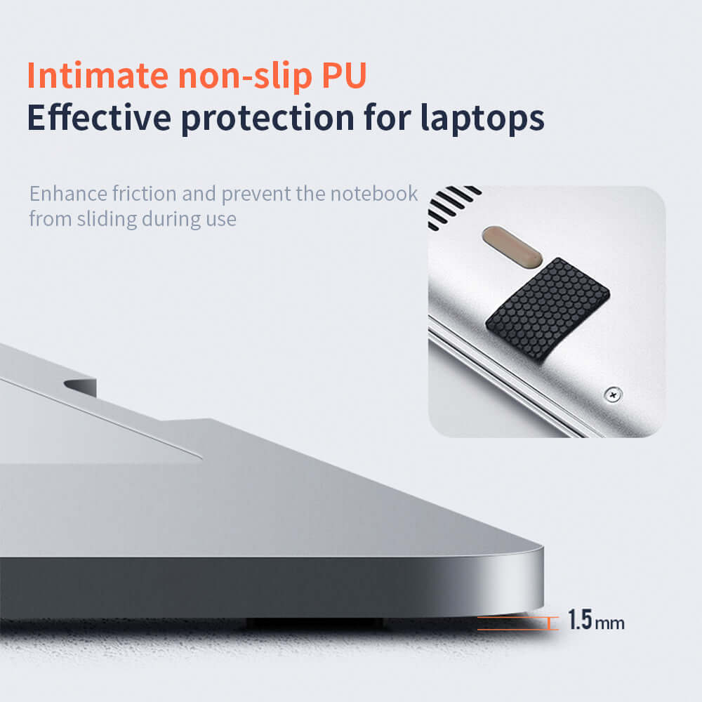 Future Tech Height adjustable laptop stand showcasing intimate non-slip PU for effective protection of laptops.