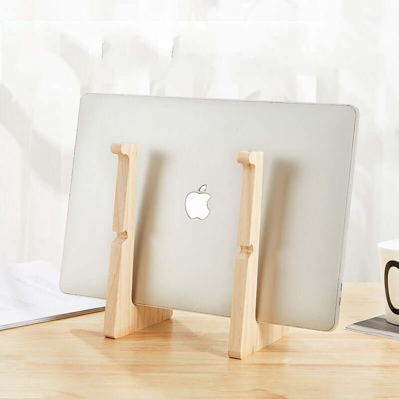 Future Tech Wooden laptop stand holding a Macbook, perfect for any desk, office, or bedroom use.