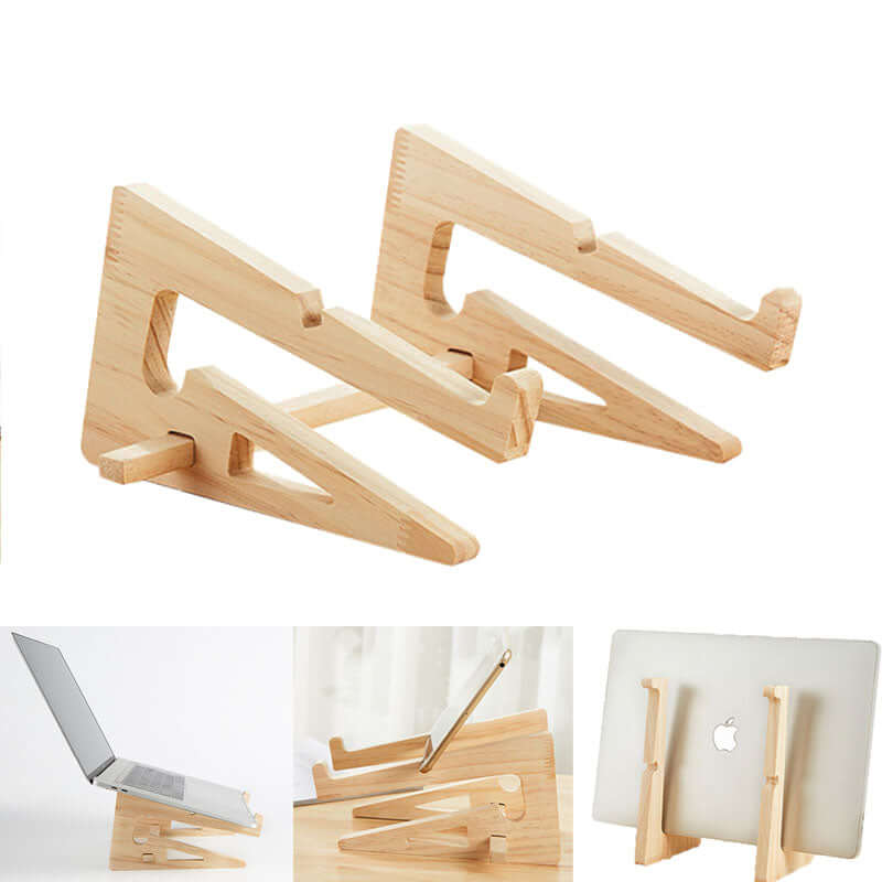 Future Tech Stylish wooden laptop stand ideal for notebooks and tablets, showcasing its versatility on a desk and in an office setting.