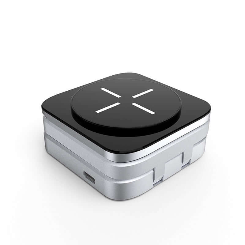 Future Tech Foldable wireless charger station in sleek silver and black design, perfect for iPhones, AirPods, and watches.