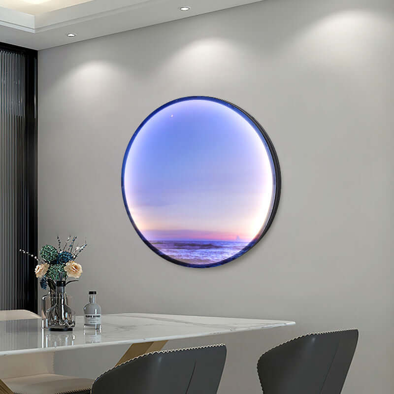 Future Tech moon background wall lamp illuminating a modern dining space with a scenic ocean view.