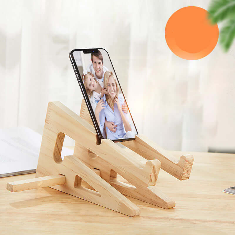 Future Tech Wooden laptop stand displaying a mobile phone, ideal for office and home use, showcasing a versatile design.