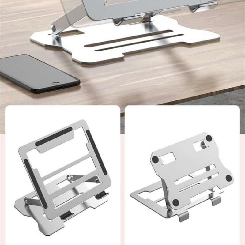 Future Tech Multifunctional laptop folding portable stand in silver on a wooden desk next to a smartphone, showcasing its stylish design.