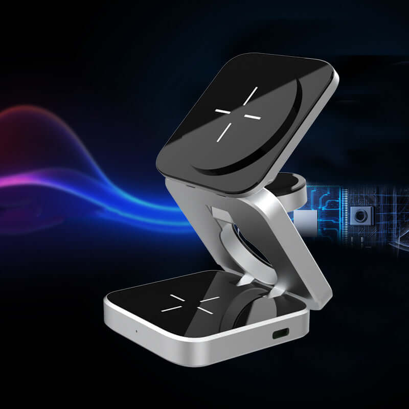 Future Tech Foldable wireless charger station for multiple Apple devices, compact and stylish design.