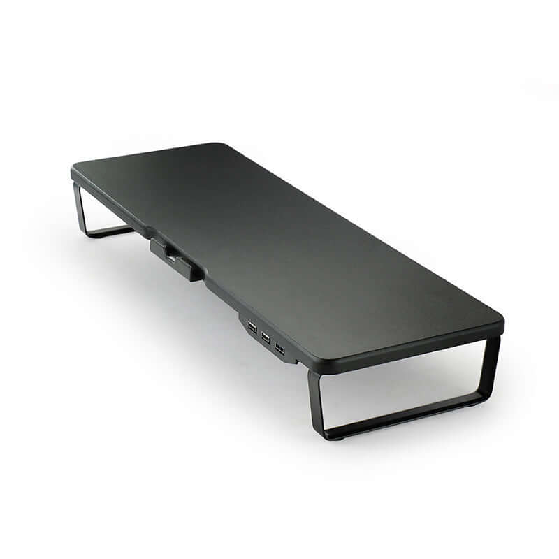 Future Tech Monitor Lift Stand Laptop Stand Mobile Phone Charging with sleek black design and USB ports for easy charging.