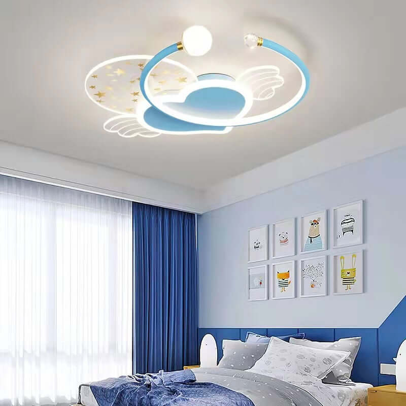 Future Tech Moon Cloud Children's Bedroom Ceiling Lamp with moon and cloud design in a blue-themed room.