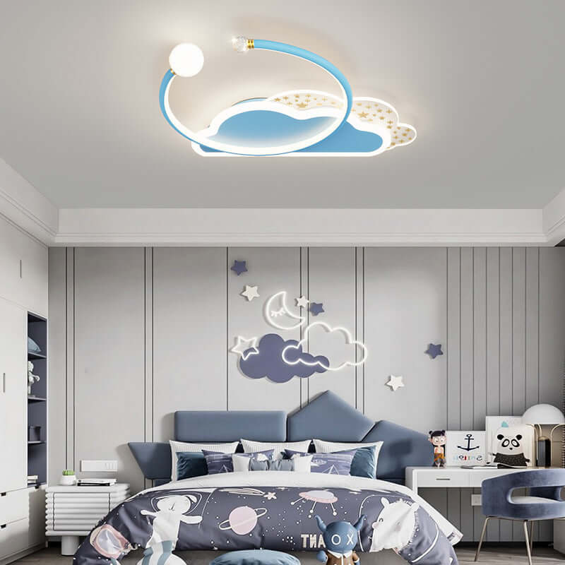 Future Tech Moon Cloud Children's Bedroom Ceiling Lamp illuminating a stylish kids' room with stars and clouds.