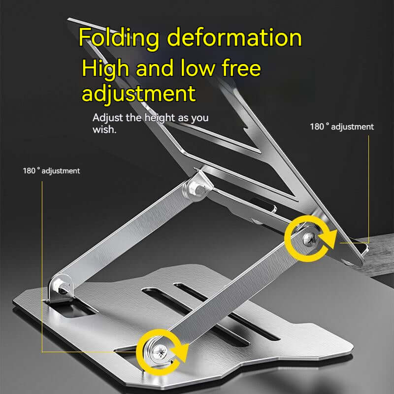 Future Tech Adjustable portable laptop folding stand showing folding deformation and height adjustments.