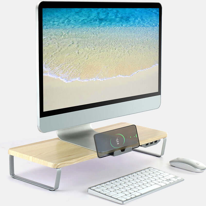 Future Tech Monitor lift stand laptop stand with charging on stylish wooden base, showcasing computer setup and modern design.