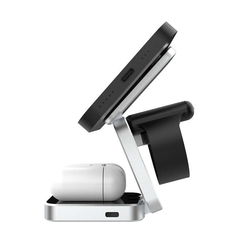 Future Tech Foldable wireless charger station shown in silver, designed for iPhones, AirPods, and watches.