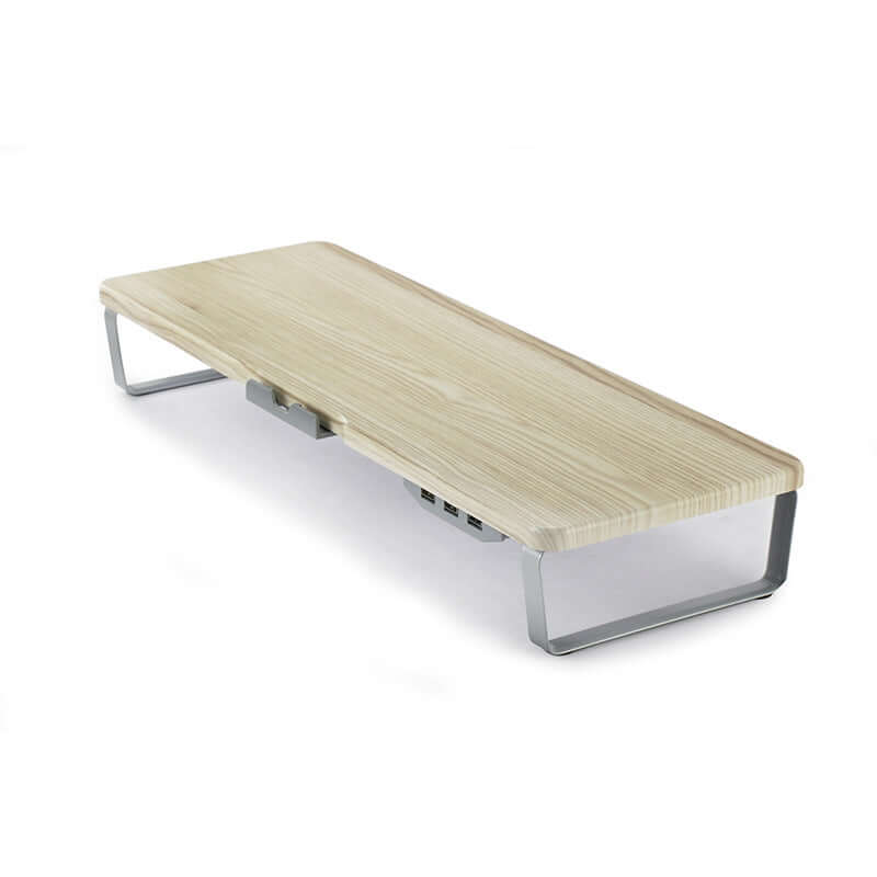 Future Tech Future TechMonitor Lift Stand Laptop Stand Mobile Phone Charging on a sleek wooden and aluminum alloy design.