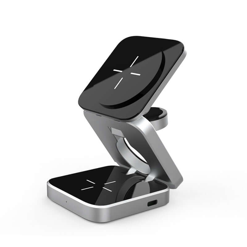 Future Tech Foldable wireless charger station in silver, designed for iPhones, AirPods, and watches.