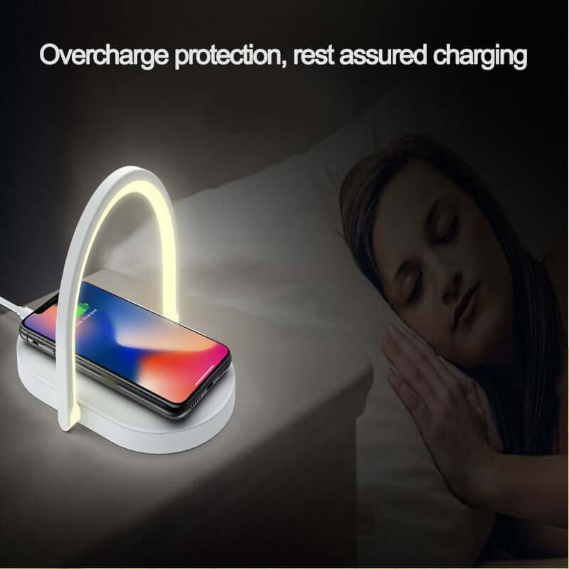Future Tech 3 in 1 wireless charging night light in action with phone charging safely beside a sleeping person.