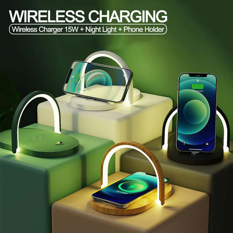 Future Tech 3 in 1 wireless charging night light showcasing a multifunctional design with adjustable brightness and phone holder.