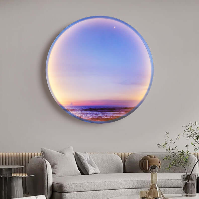 Future Tech Moon Background Wall Lamp showing a beautiful beach sunset in a modern living room setting.