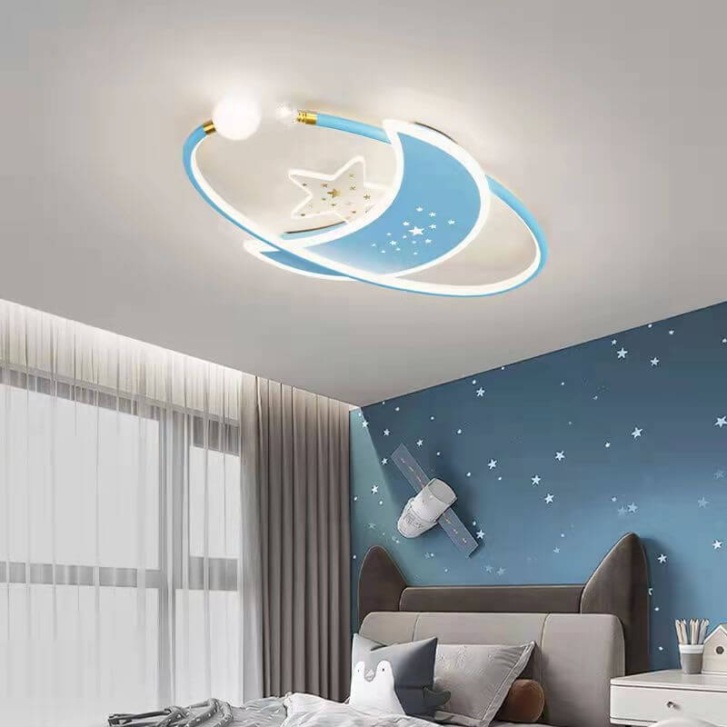 Future Tech Moon Cloud ceiling lamp illuminating a children's bedroom with a starry theme on the wall.