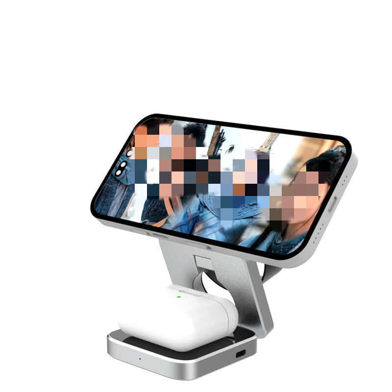 Future Tech 3 in 1 foldable wireless charger station with phone and AirPods, perfect for Apple devices.