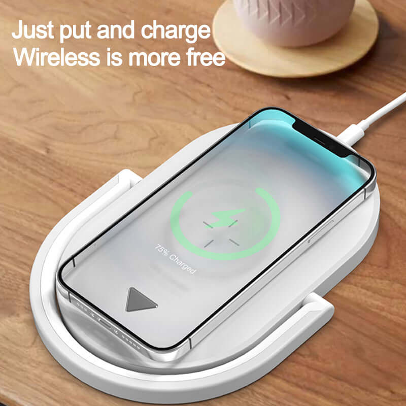 Future Tech 3 in 1 wireless charging night light with phone charging and indicator light on a wooden table.